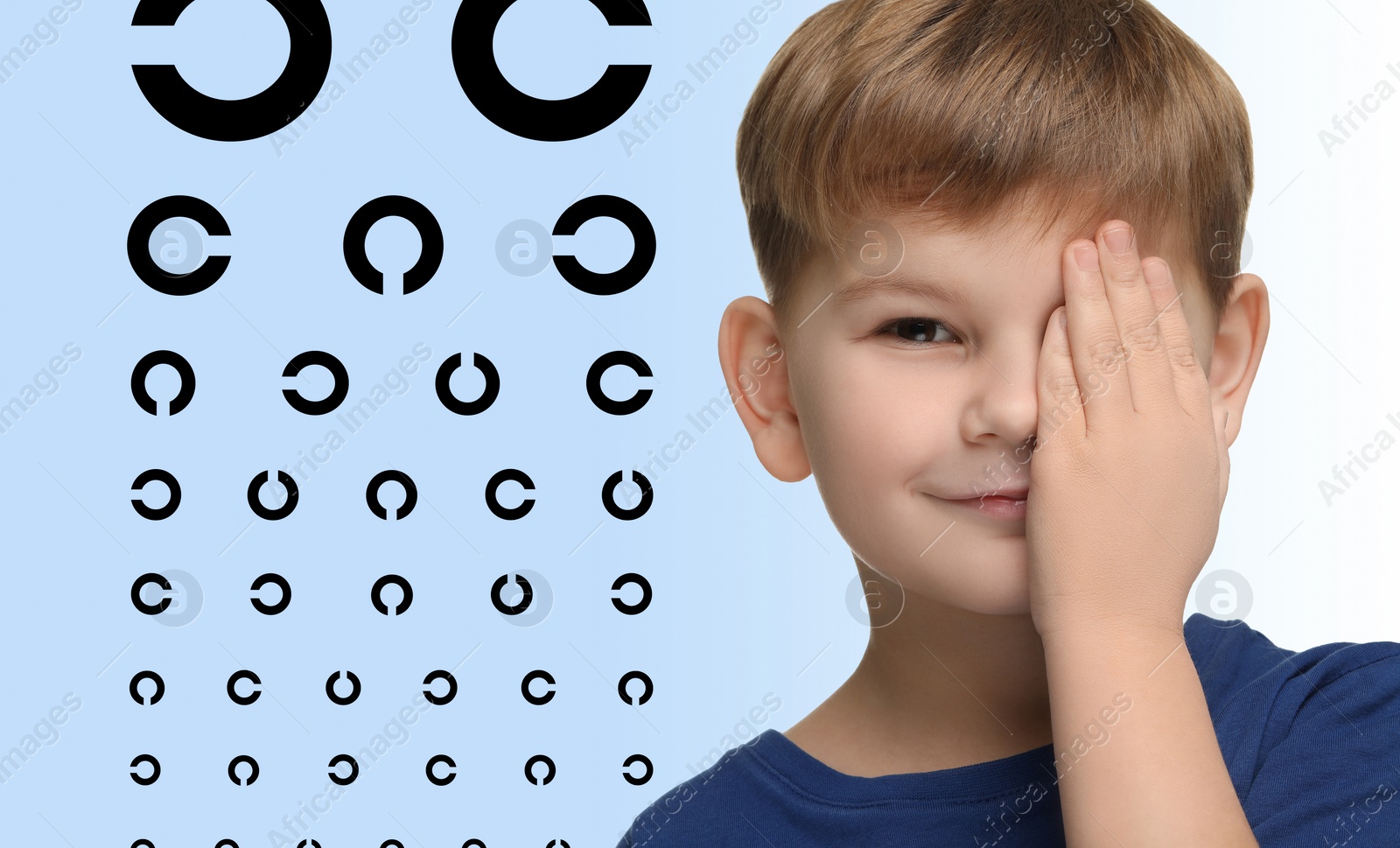 Image of Vision test. Little boy and eye chart on gradient background