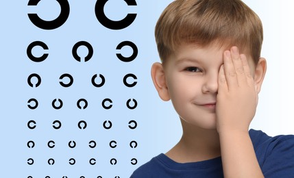 Vision test. Little boy and eye chart on gradient background