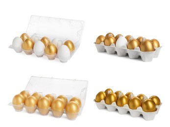Image of Set with shiny golden eggs on white background