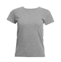 Mannequin with gray women's t-shirt isolated on white. Mockup for design
