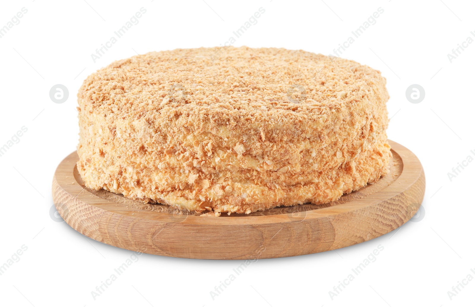 Photo of Delicious freshly baked Napoleon cake isolated on white