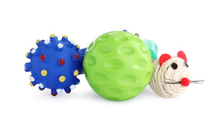 Different colorful pet toys isolated on white