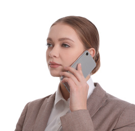 Photo of Young businesswoman talking on mobile phone against white background