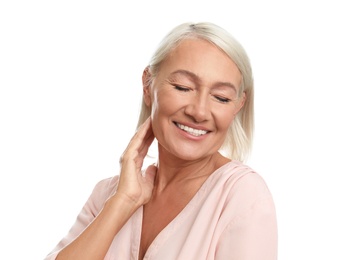 Mature woman with beautiful face on white background