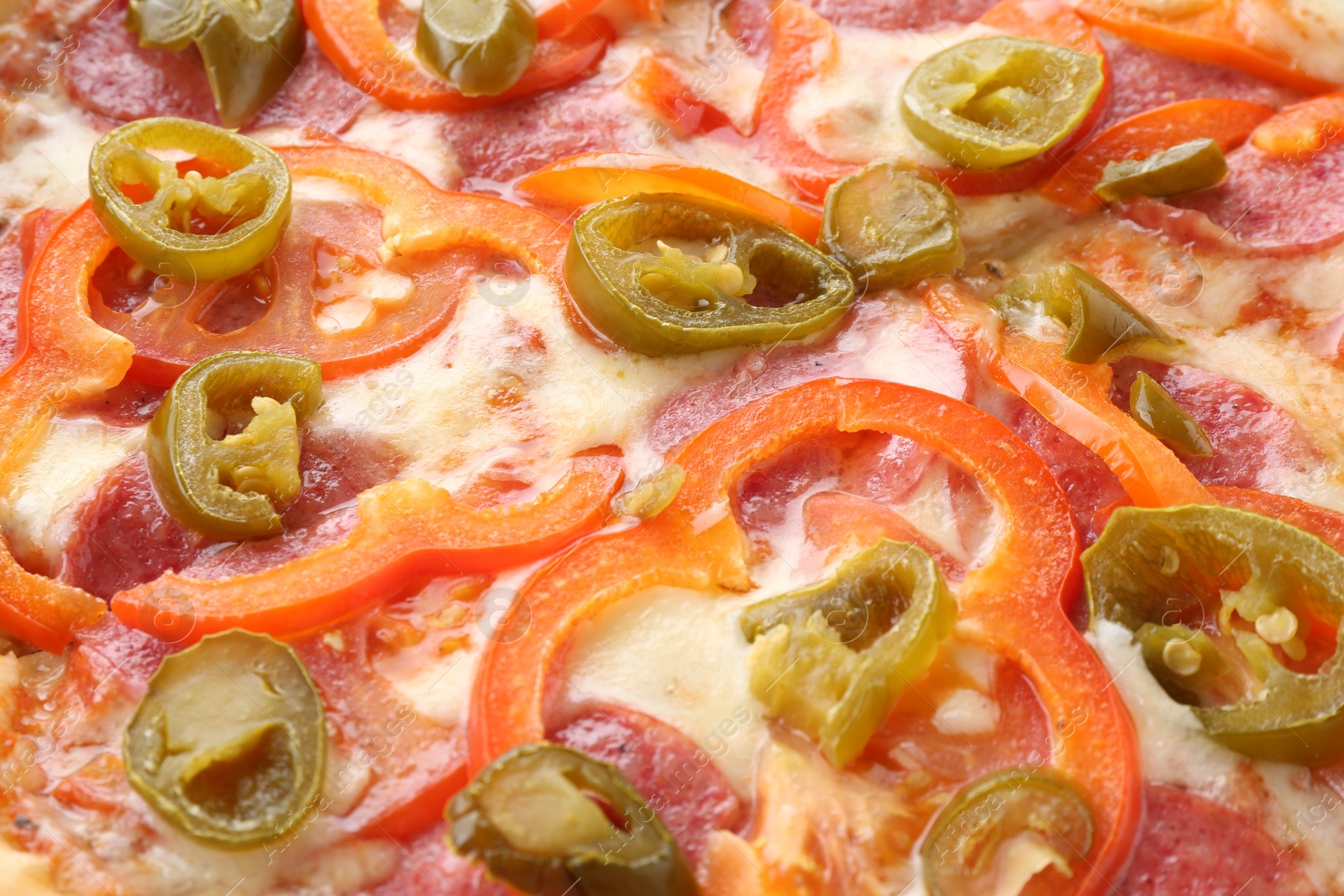 Photo of Delicious hot pizza Diablo as background, closeup