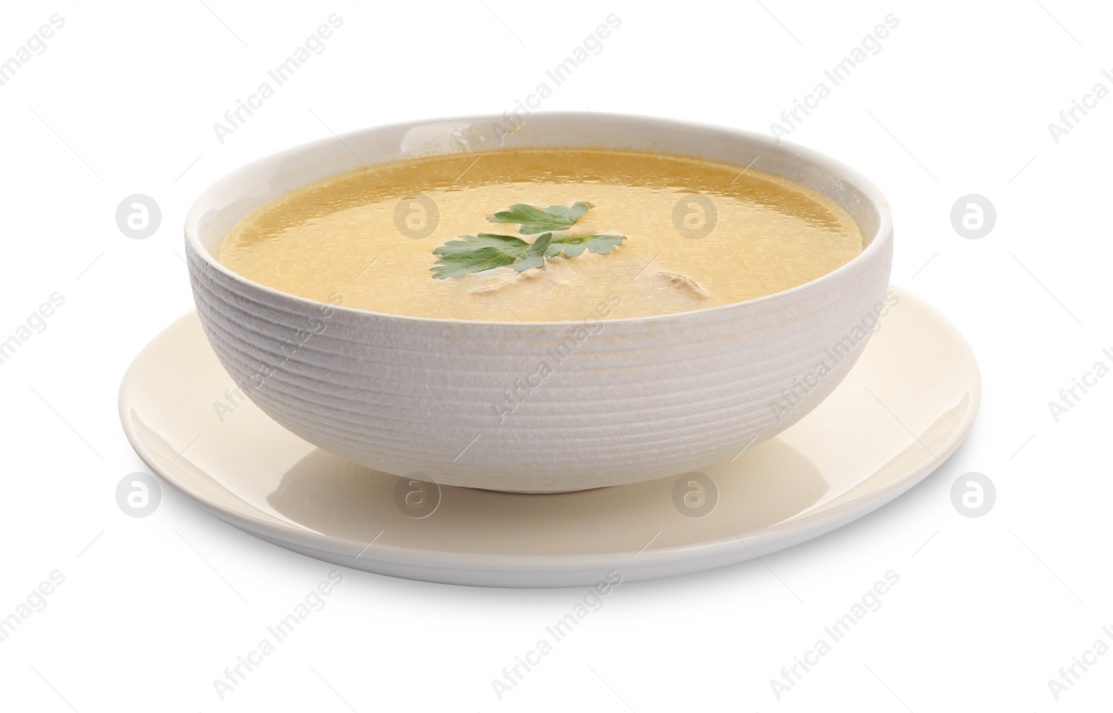 Photo of Delicious chicken soup with parsley isolated on white