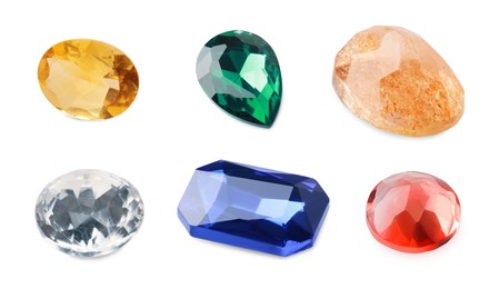 Image of Set of beautiful gemstones on white background