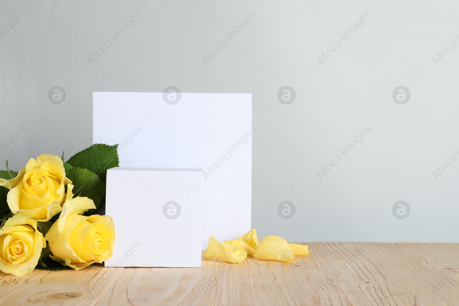 Photo of Beautiful presentation for product. White geometric figures and yellow roses on table against light grey background, space for text