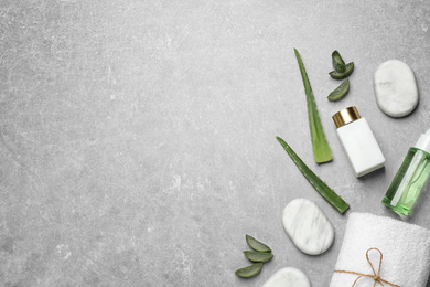 Flat lay composition with aloe vera and cosmetic products on grey background. Space for text