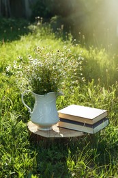 Photo of Books and jug with chamomiles on green grass outdoors