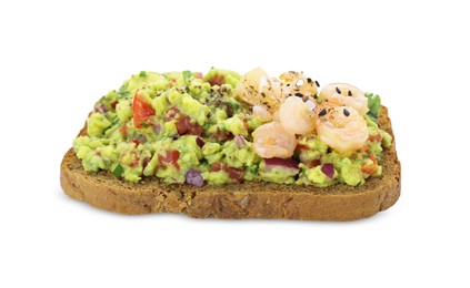 Slice of bread with tasty guacamole and shrimp isolated on white