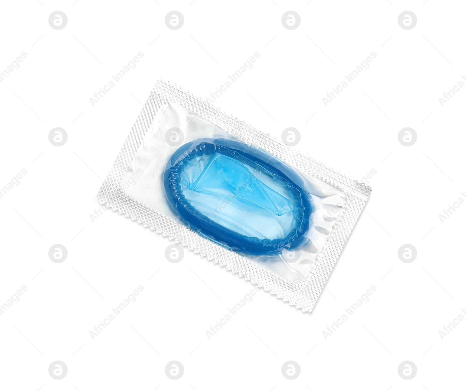 Photo of Condom package isolated on white, top view. Safe sex