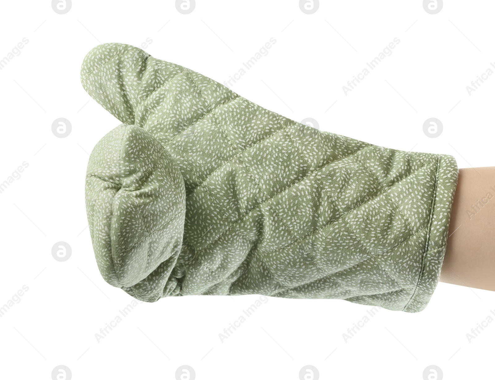 Photo of Chef in oven glove on white background, closeup