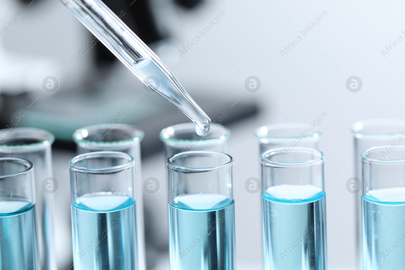 Photo of Dripping liquid from pipette into test tube on blurred background, closeup