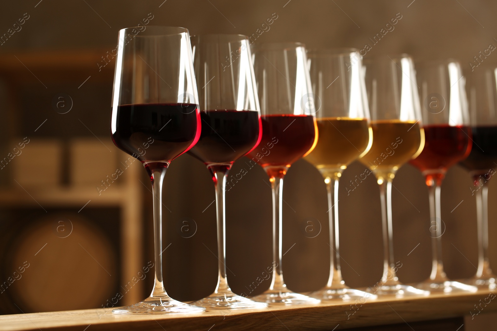 Photo of Glasses of different wines in cellar. Expensive collection