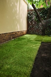 Photo of Unrolled grass sods on ground in backyard
