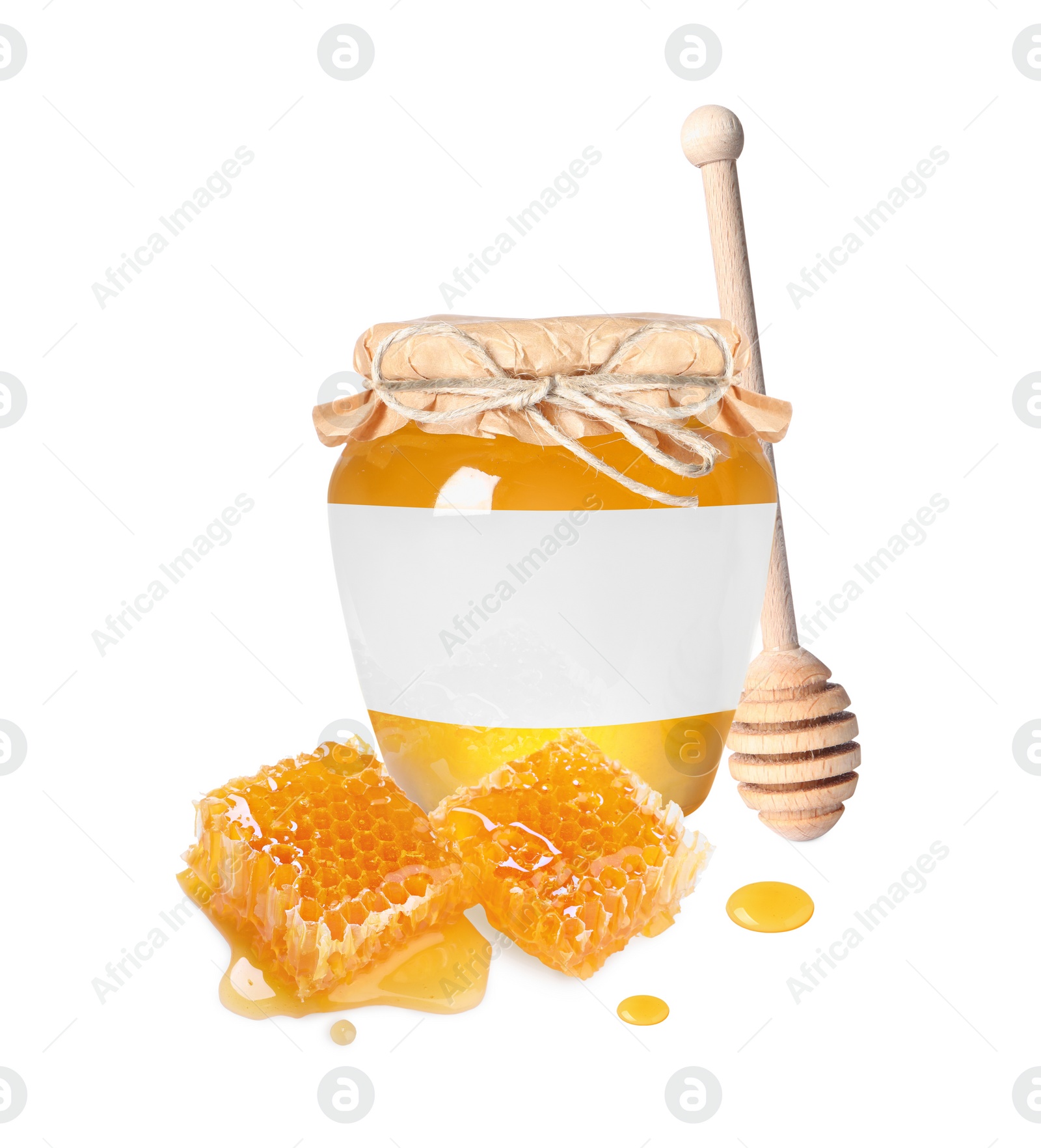 Image of Sweet honey in glass jar with blank label, wooden honey dipper and pieces of honeycomb on white background. Mockup for design