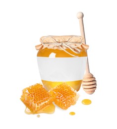 Sweet honey in glass jar with blank label, wooden honey dipper and pieces of honeycomb on white background. Mockup for design