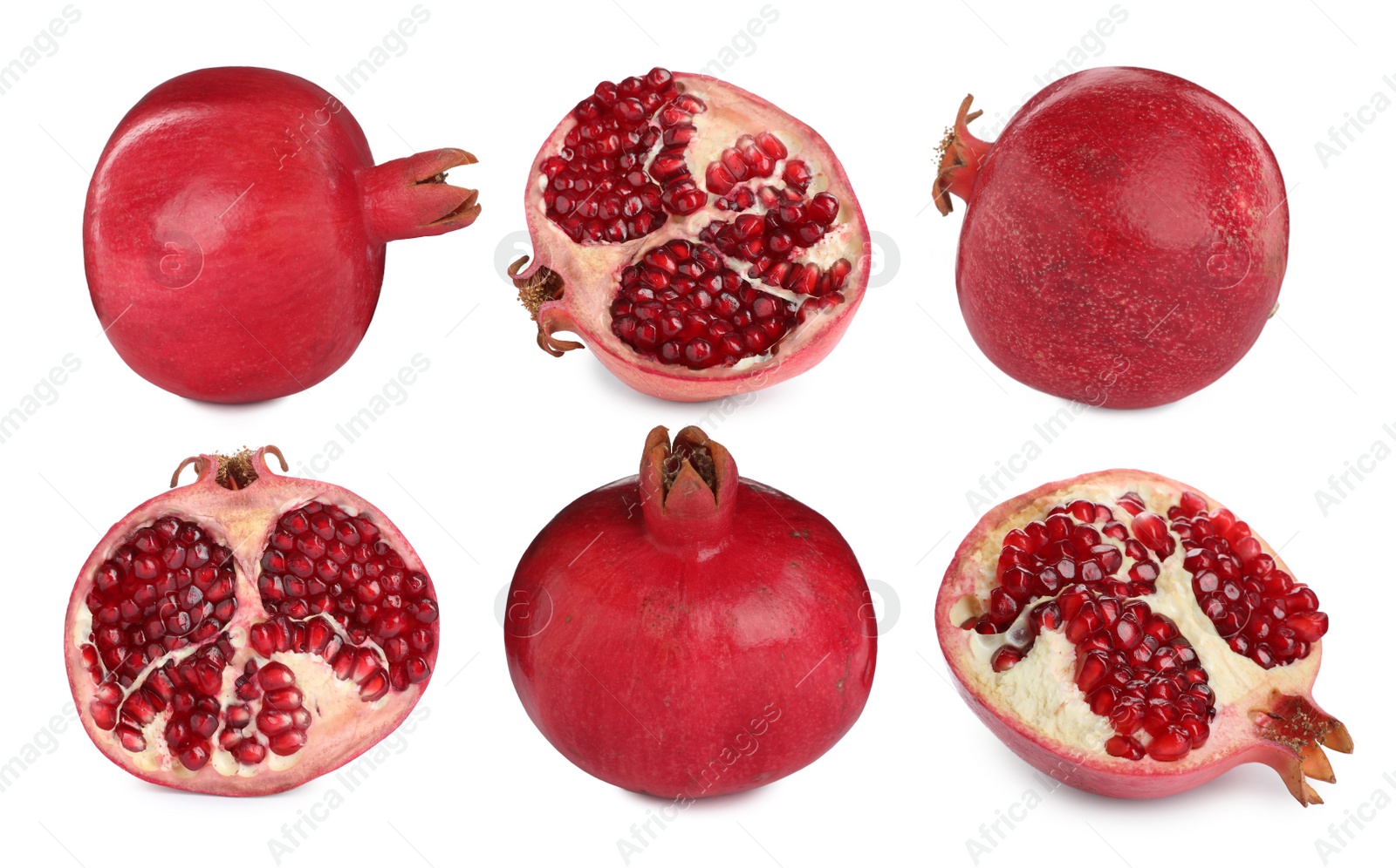 Image of Set with tasty ripe pomegranates on white background