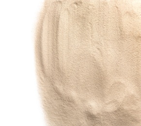 Photo of Heap of dry beach sand on white background, top view