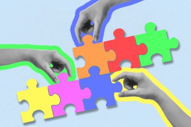 Hands putting jigsaw puzzle pieces together on color background. Stylish art collage