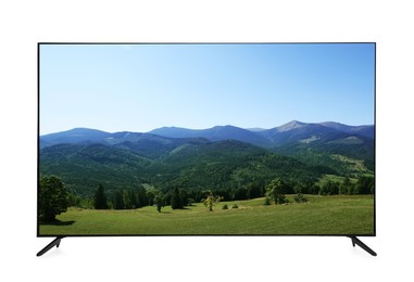 Modern wide screen TV monitor showing beautiful mountain landscape isolated on white