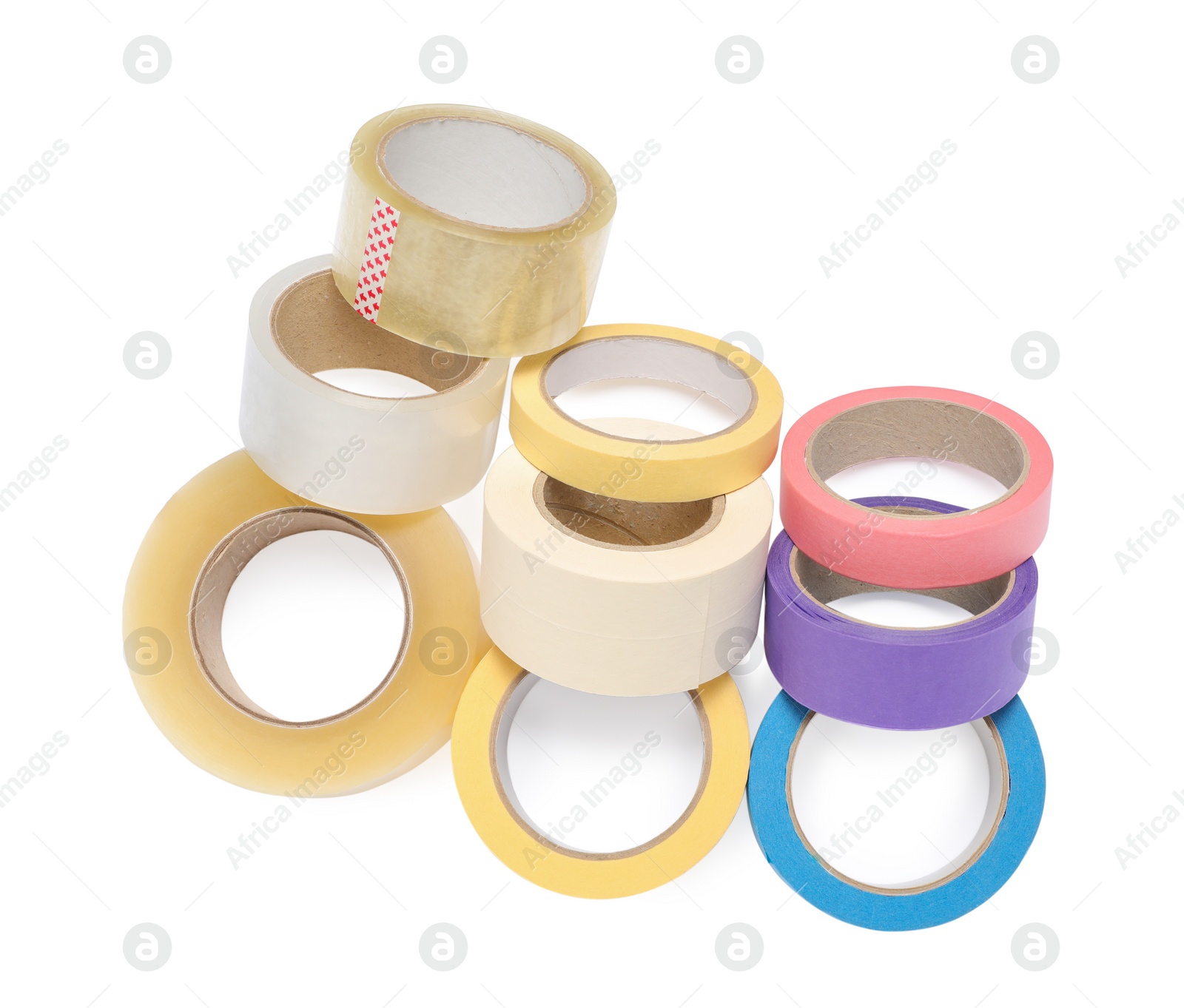 Photo of Many different rolls of adhesive tape on white background, top view