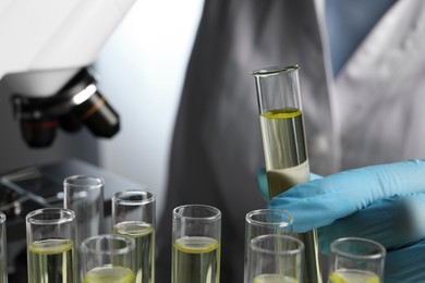 Photo of Doctor taking test tube with urine sample for analysis in laboratory, closeup