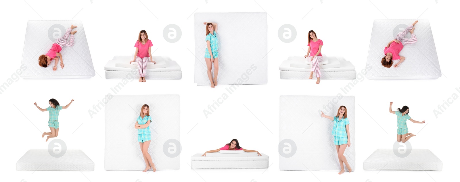 Image of Collage with photos of women and mattresses on white background. Banner design