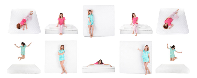 Image of Collage with photos of women and mattresses on white background. Banner design