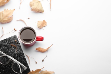 Photo of Composition with hot drink on white background, top view. Cozy autumn