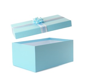 Photo of Light blue gift box and lid with bow on white background