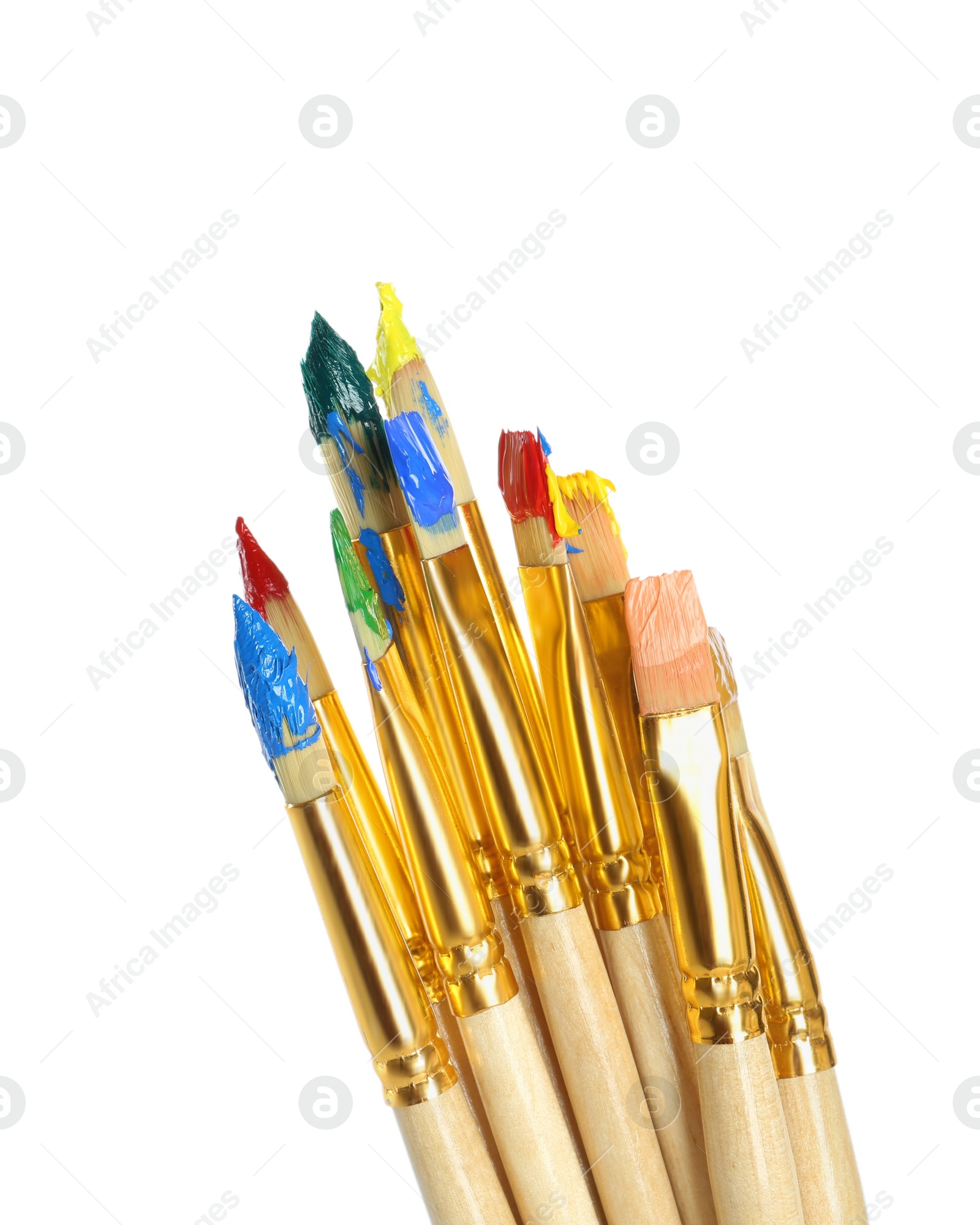 Photo of Brushes with bright paints on white background