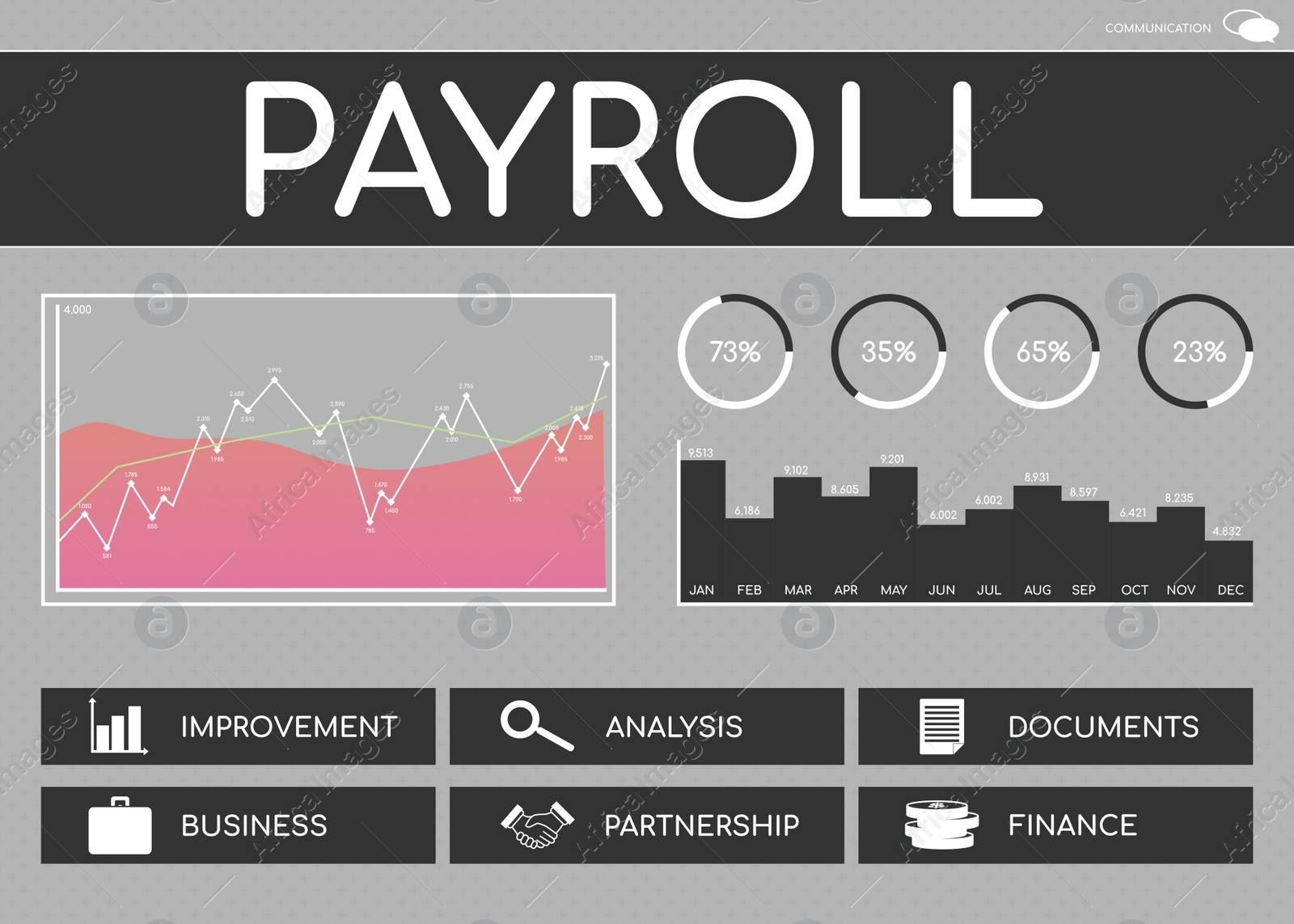 Illustration of Payroll concept.  business icons and graphs