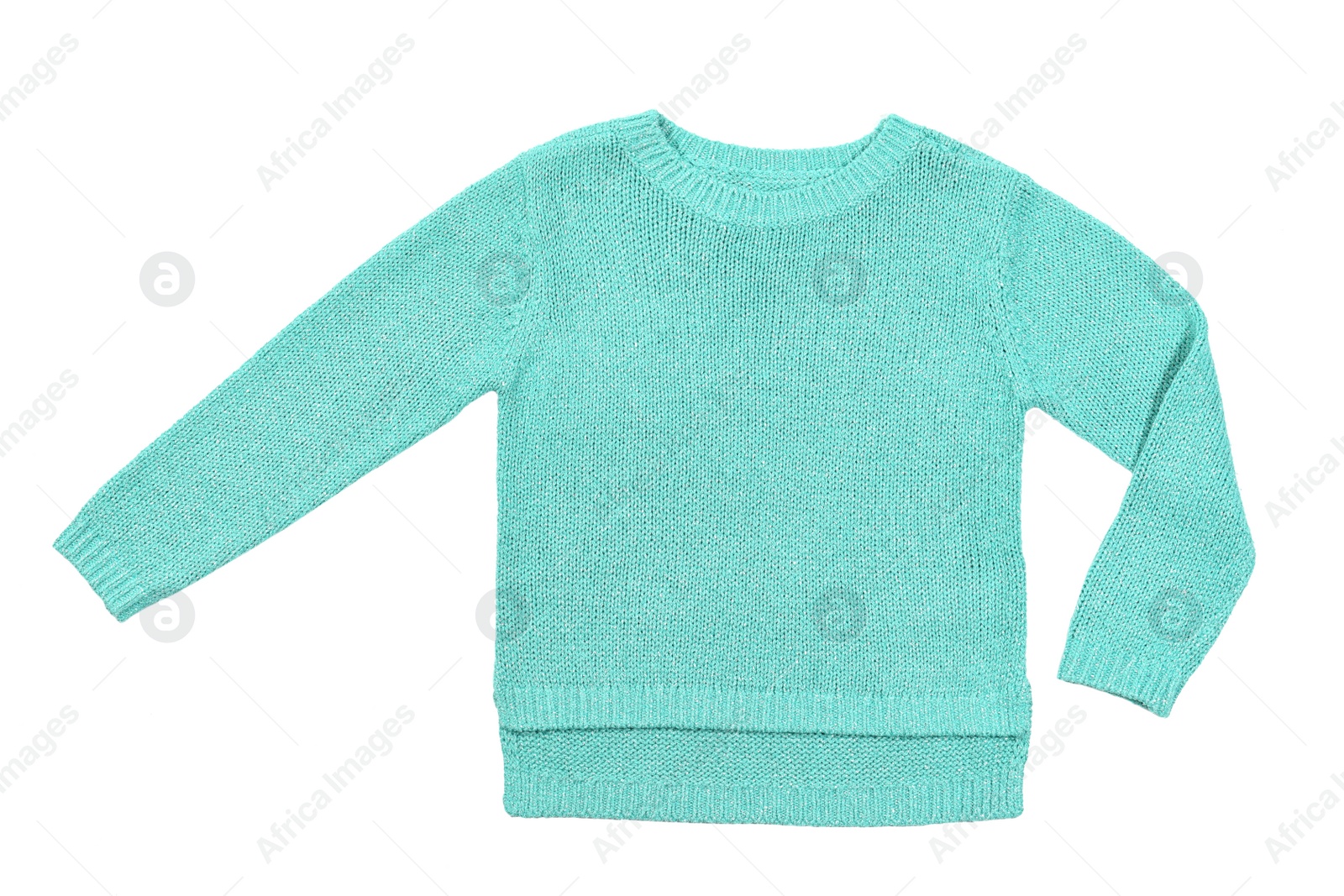 Photo of Cozy warm sweater on white background, top view