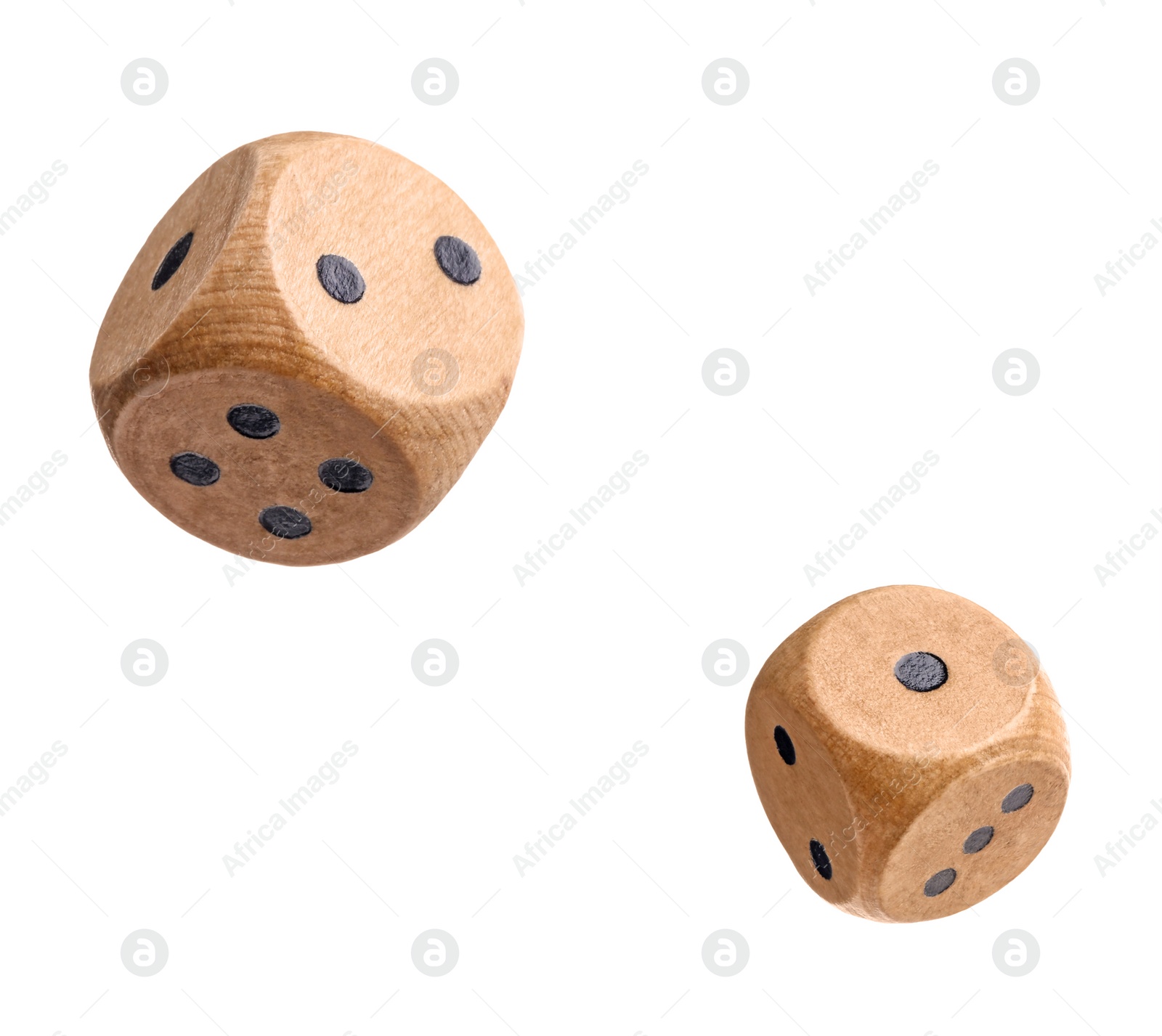 Image of Two wooden dice in air on white background