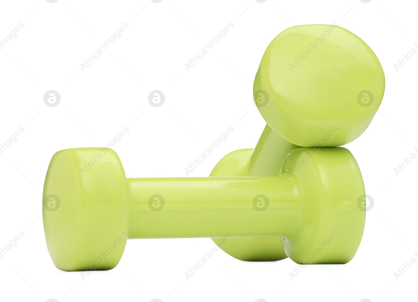 Photo of Light green dumbbells isolated on white. Sports equipment