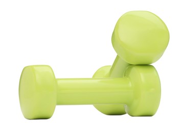 Photo of Light green dumbbells isolated on white. Sports equipment