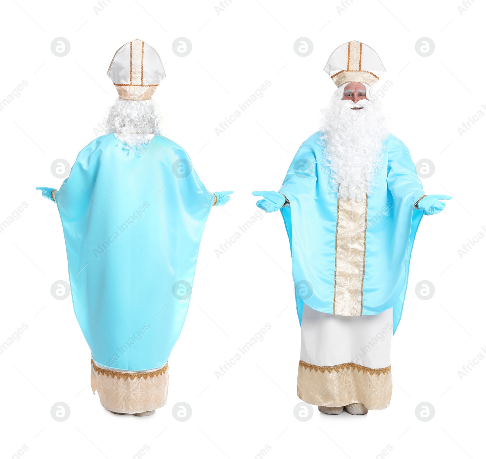 Image of Collage with photos of Saint Nicholas on white background 