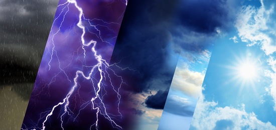 Photos of sky during different weather, collage. Banner design