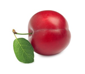 Photo of Delicious ripe cherry plum with leaf isolated on white