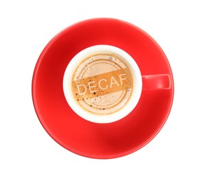 Cup of tasty decaf coffee isolated on white, top view