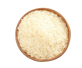 Photo of Bowl with uncooked rice on white background, top view