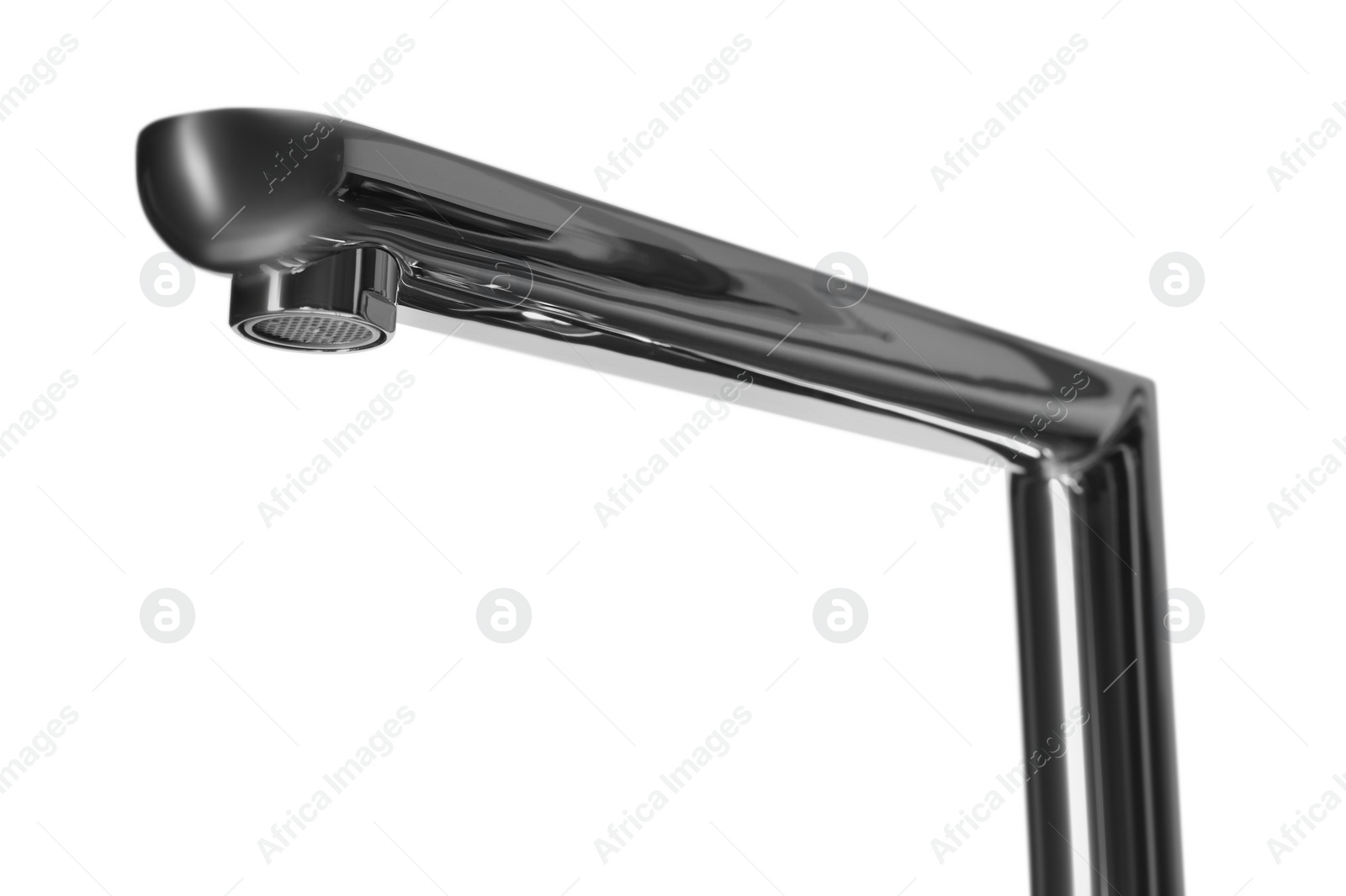 Photo of New shiny water tap on white background