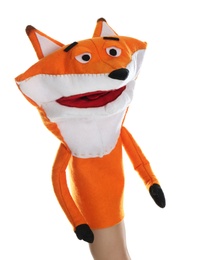 Photo of Fox puppet for show on hand against white background