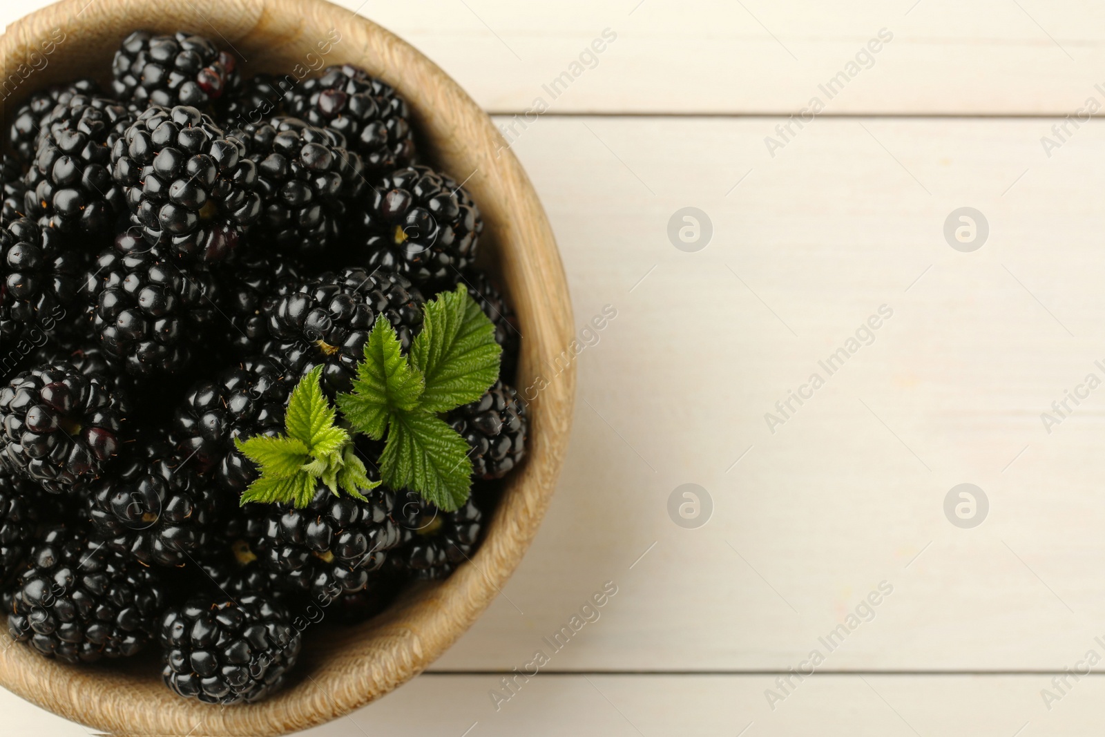 Photo of Bowl with fresh ripe blackberries on white wooden table, top view. Space for text