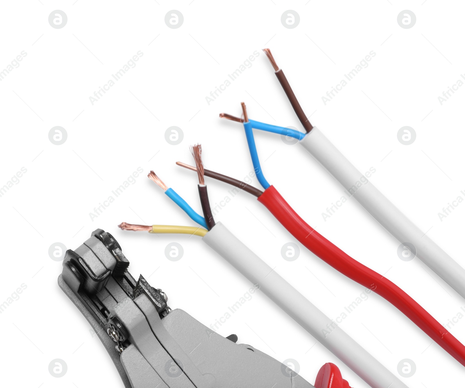Photo of Cutters and stripped wires isolated on white, above view