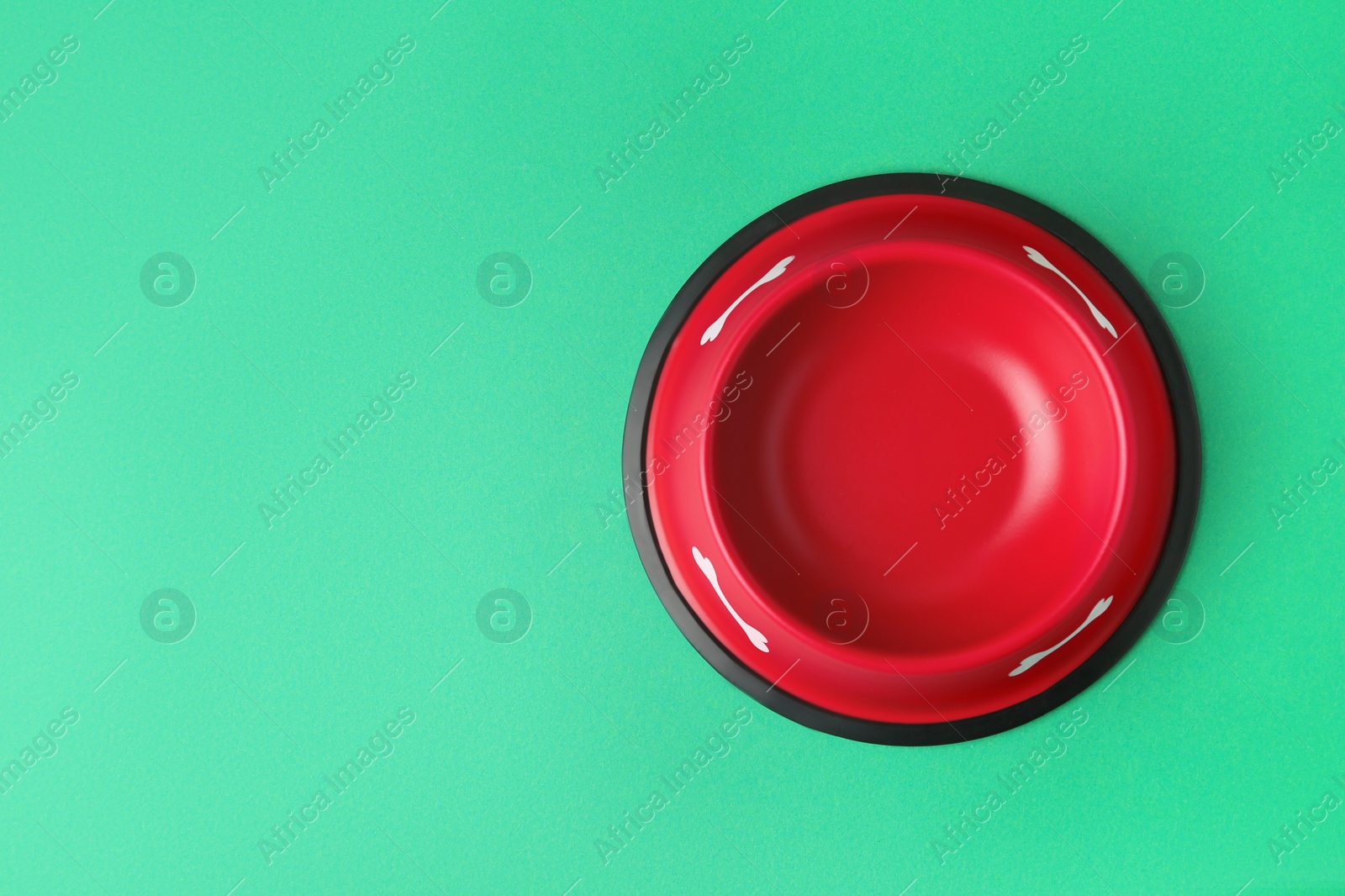 Photo of Empty red feeding bowl on green background, top view. Space for text