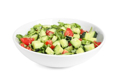 Photo of Delicious salad with cucumbers, tomatoes and sesame in bowl isolated on white