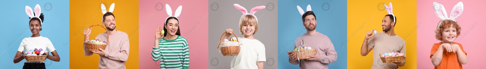 Image of Easter celebration. Collage with photos of people in bunny ears headbands on different color backgrounds